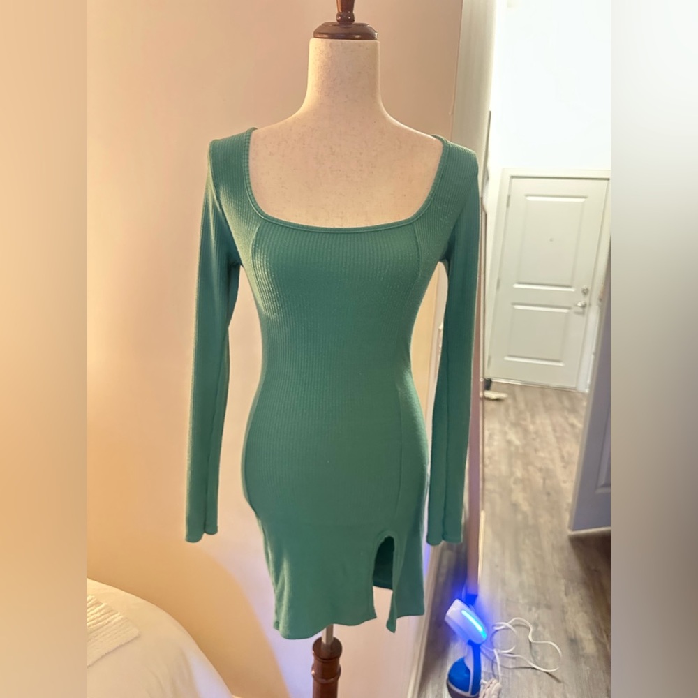 Pretty little thing- Long Sleeve Square Neck Green Ribbed Dress